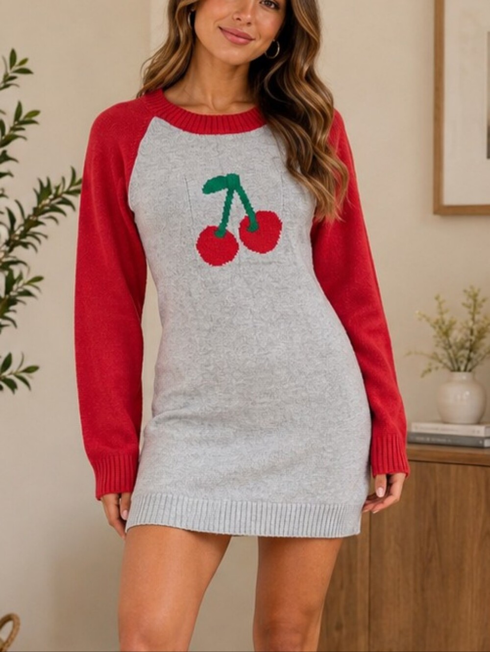 FCT With Love Cherry Graphic Sweater Dress - Red & Light Gray Size Small NWT